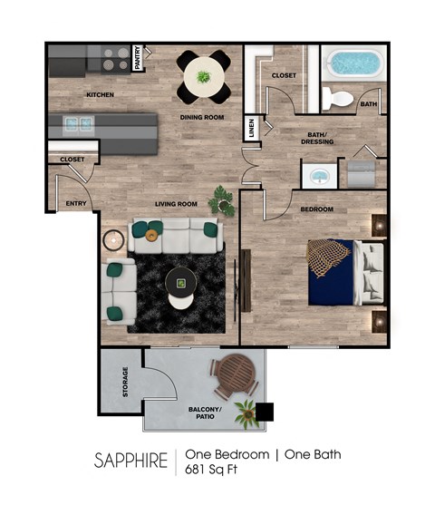 A floor plan of a one bedroom apartment with one bath.